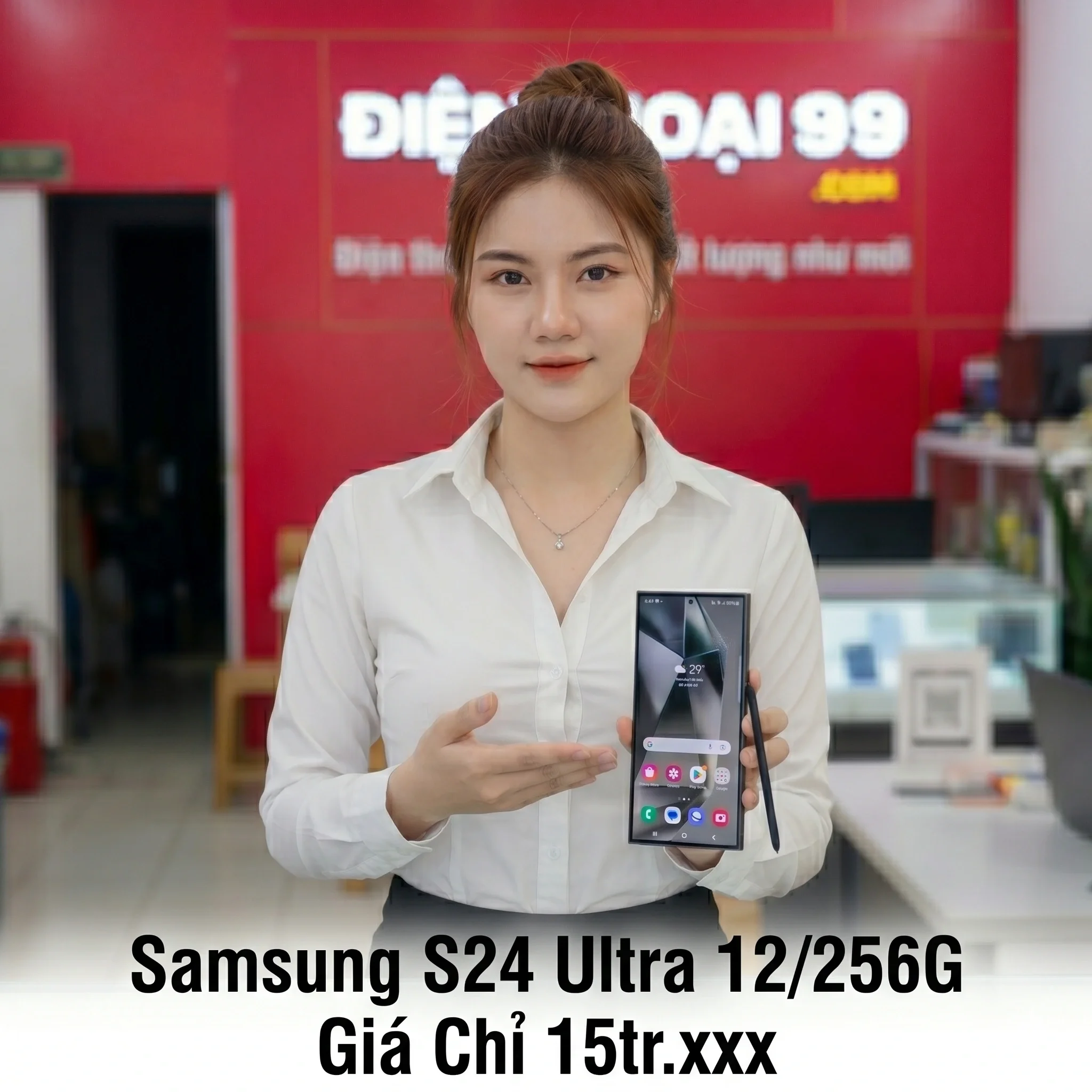 Nhân viên Điện Thoại 99 giới thiệu điện thoại Samsung Galaxy S24 Ultra chính hãng tại Đà Nẵng.