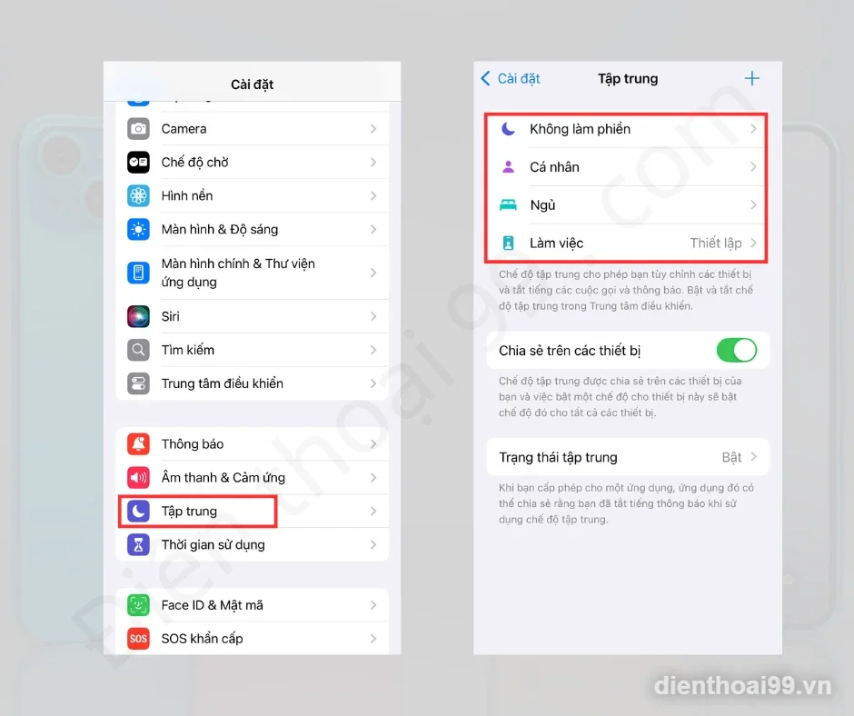Cài đặt chế độ tập trung trên iPhone tại Điện Thoại 99 Đà Nẵng