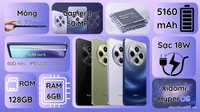 Infographic chi tiết thông số cấu hình điện thoại Redmi 14C chính hãng tại Điện Thoại 99 Đà Nẵng.
