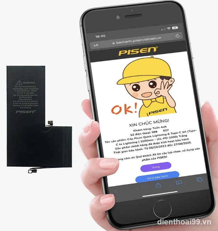 Pin Pisen iPhone chính hãng kiểm tra bảo hành tại Điện Thoại 99 Đà Nẵng